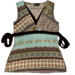 MCM Babydoll Sleeveless V-Neck Belted Tank Top Side Slits Y2K Size L Brown Teal